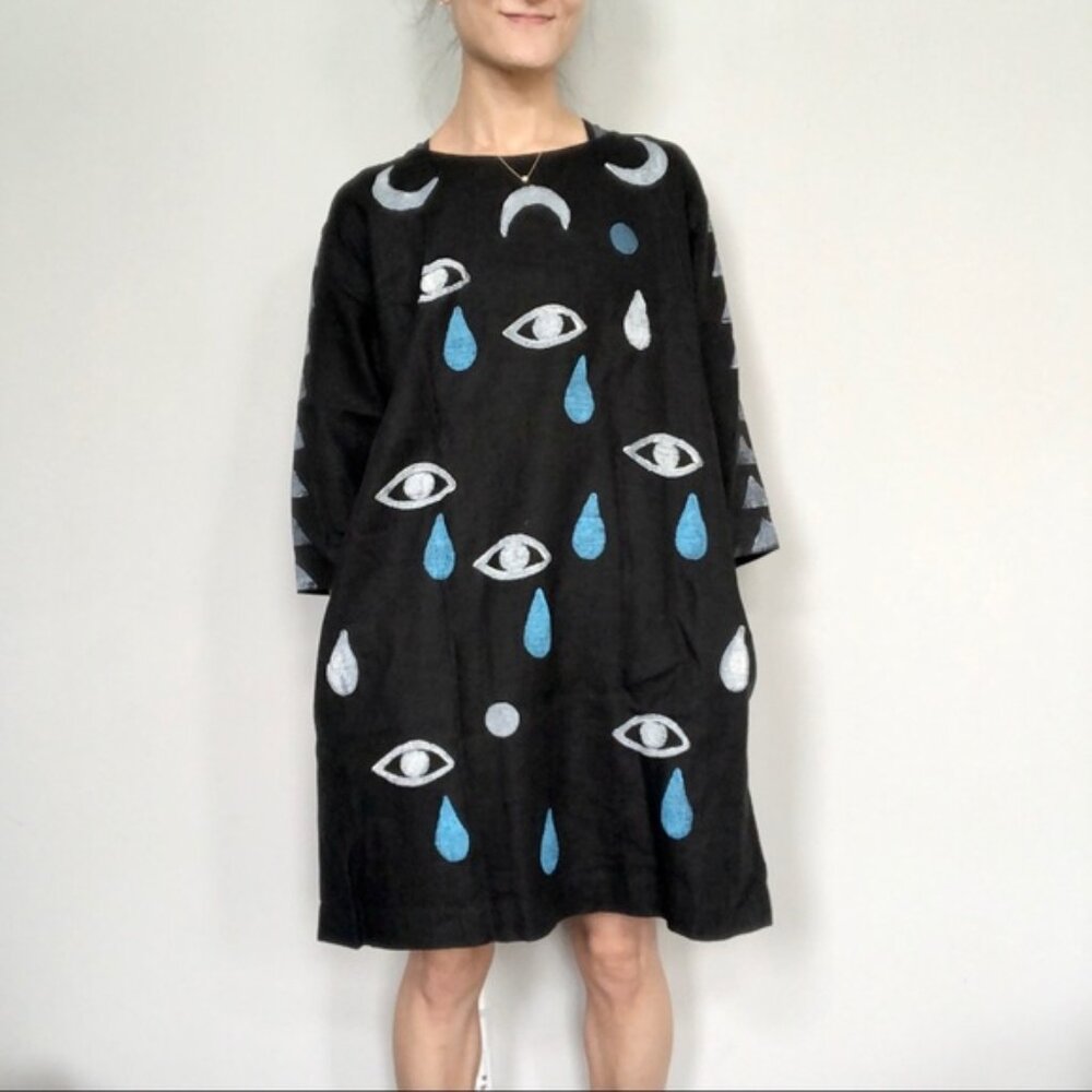 OOAK painted/ block printed linenfox dress
